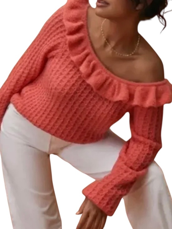 Anthropologie Sweaters - Size Medium Anthropologie Coral Ruffled Boat Neck/Off-Shoulder Lightweight Top